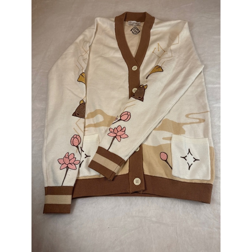 Genshin Impact flowers zhongli cotton embroidered Cardigan Cream Tan Medium